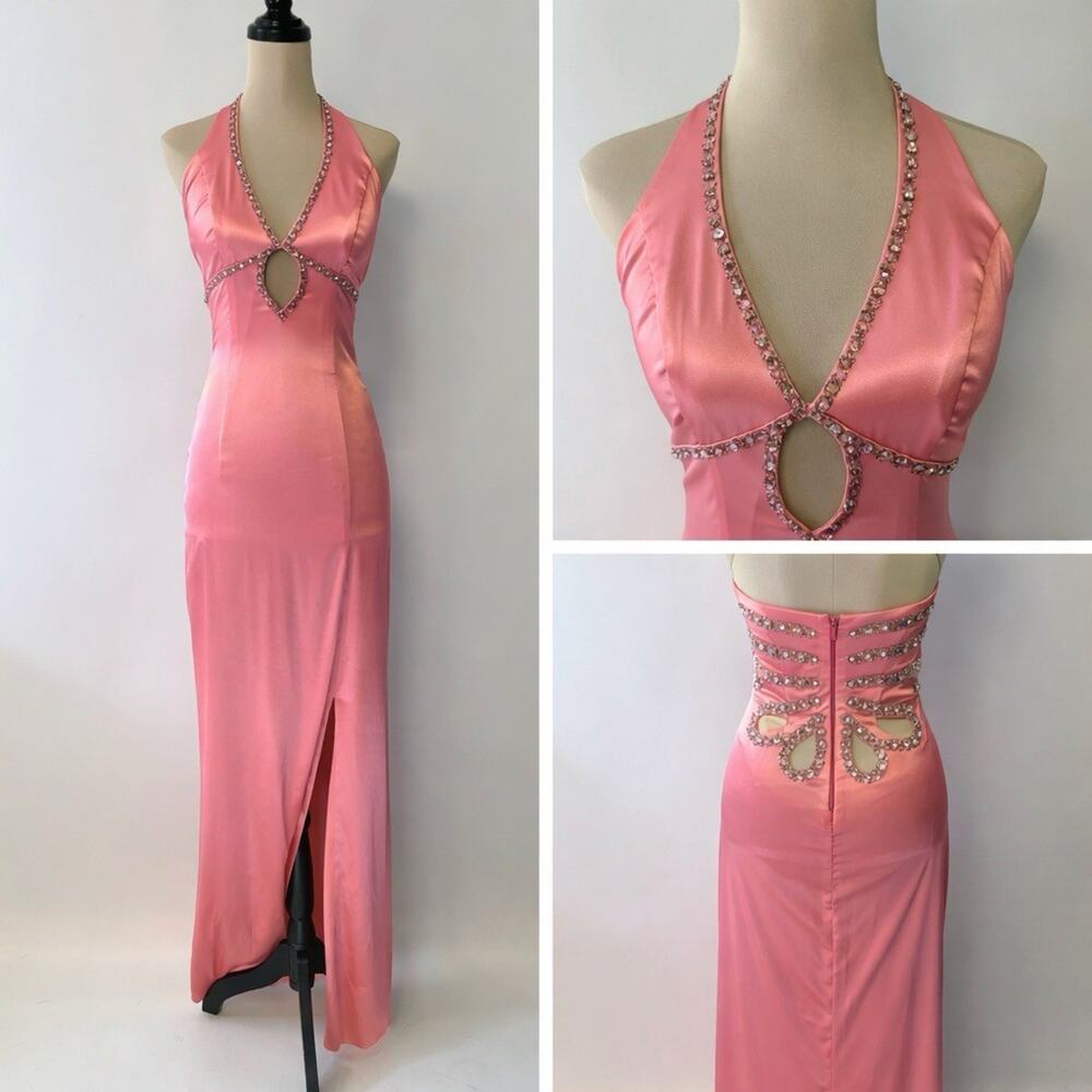 Vintage Y2K Prom Dress Pink Satin Maxi Gown Princess 2000s Halter Beaded XS Glam